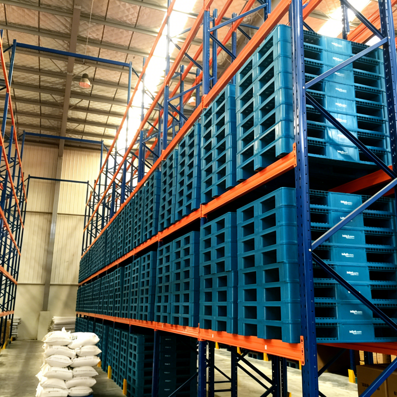 Pallets stacked on shelving racks