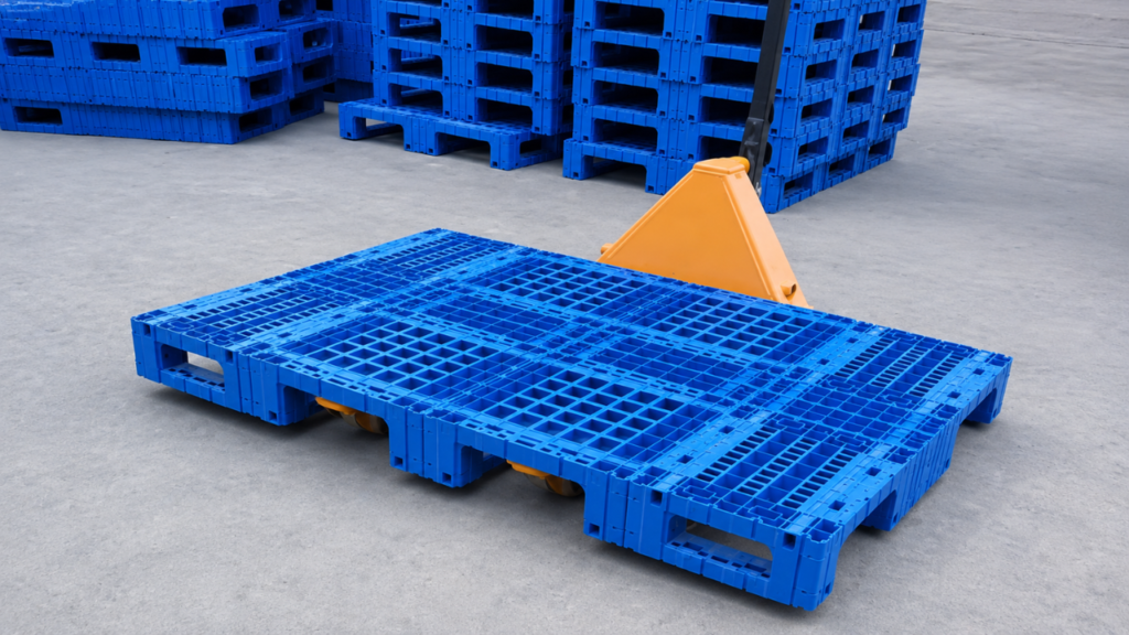 A new modular plastic pallet placed in the factory
