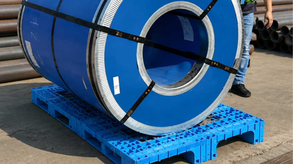 Blue modular pallets with installed steel pipes carry heavy industrial cargo
