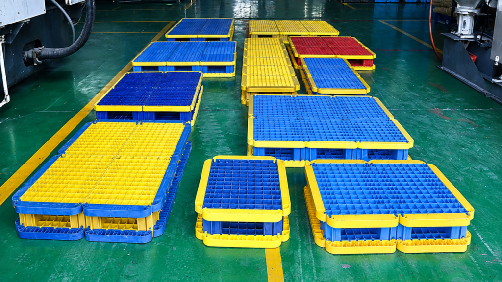 Modular pallets of multiple sizes stacked together
