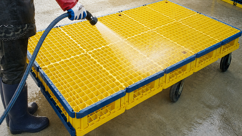 Modular plastic pallet being cleaned